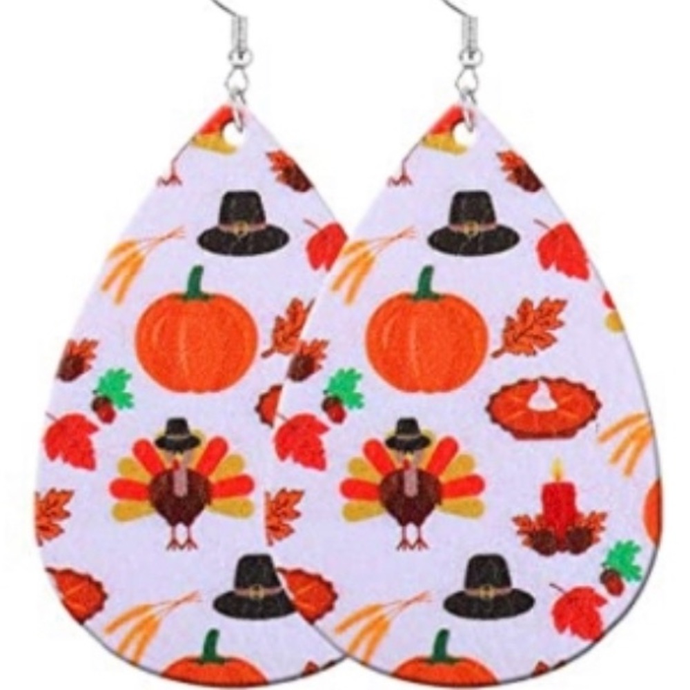 Thanksgiving themed festive faux leather tear drop earrings